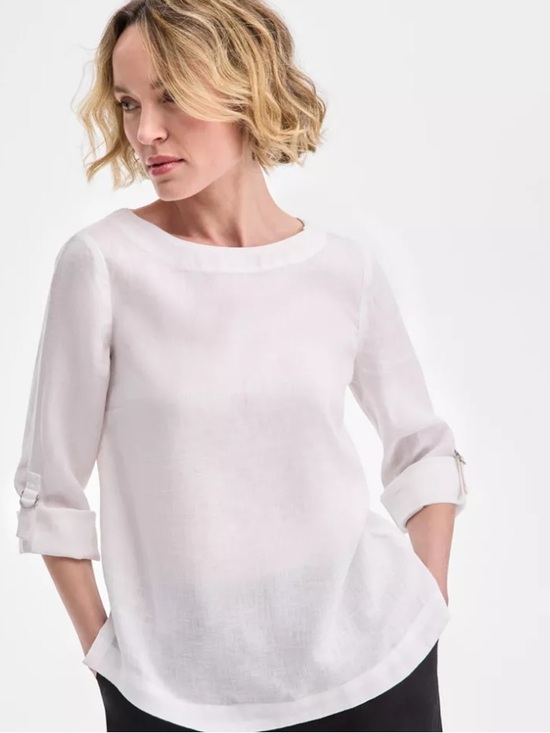 Charter Club Tops - New 100% Linen Charter Club luxury White Round Neck Roll-Sleeve Blouse Size S